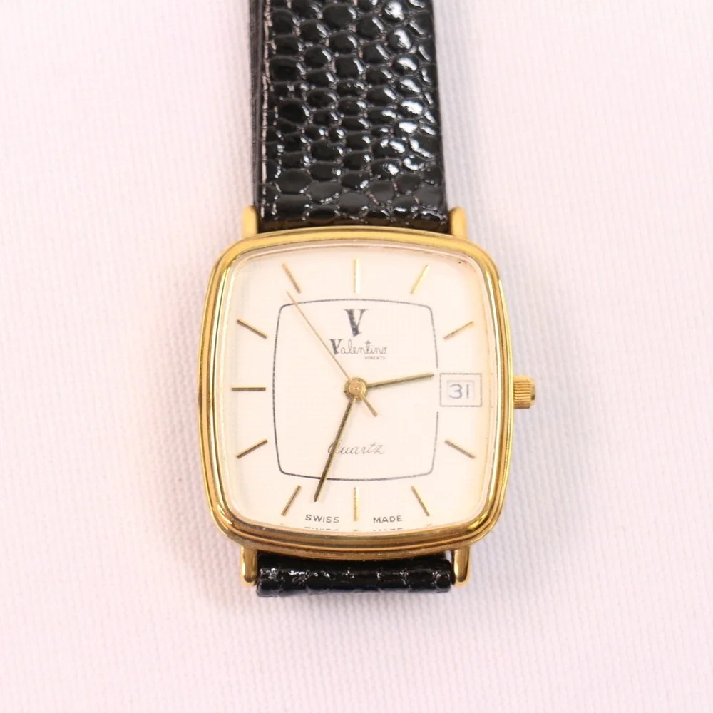 Vintage 1980s VALENTINO Roberto New Old Stock Tank Gold Plated Quartz 25mm Watch